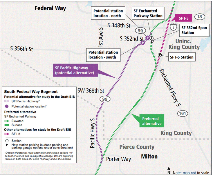 Map of light rail route changes under consideration by Sound Transit in Federal Way, Wash., area