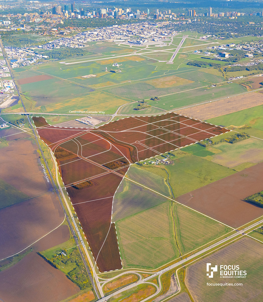 Aerial illustration of planned rail-served industrial park near Winnipeg, Canada