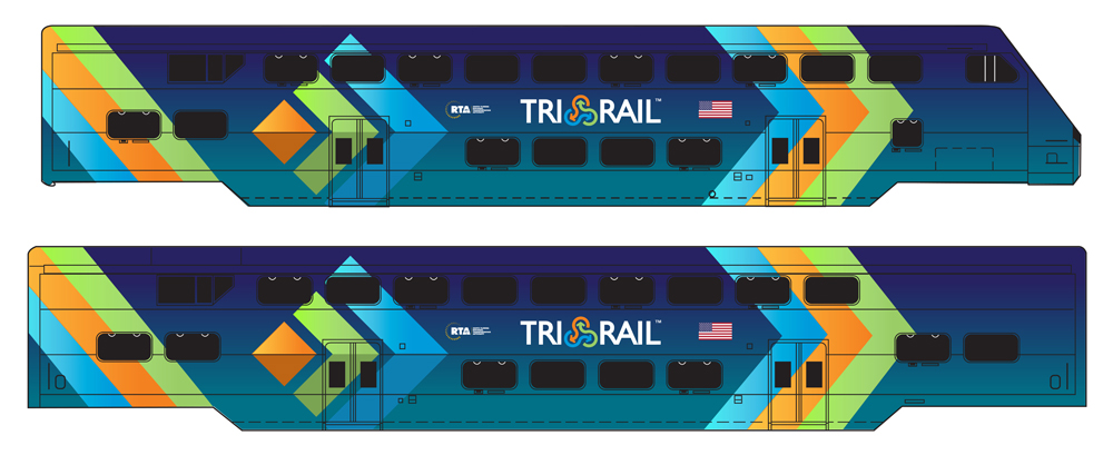 Artists diagrams showing color scheme for bi-level passenger car.