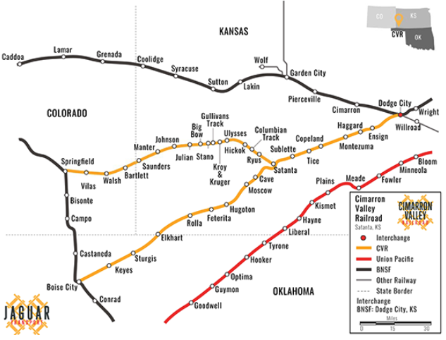 Map of the Cimarron Valley Railroad in Kansas, Colorado, and Oklahoma