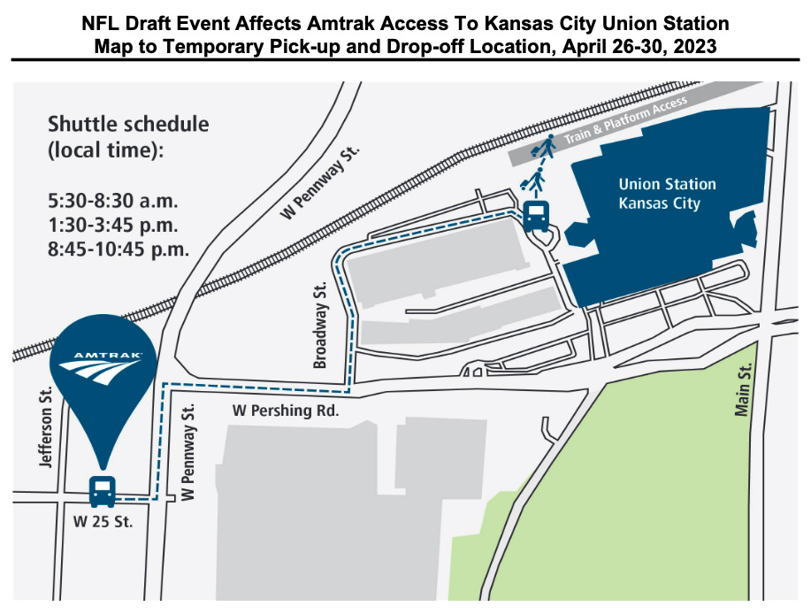 Map showing route of shuttle bus serving Kansas City Union Station April 26-30