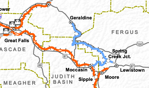 Portion of Montana state rail map showing line between Moccasin and Geraldine