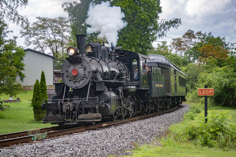 Steam locomotive with train on curve
