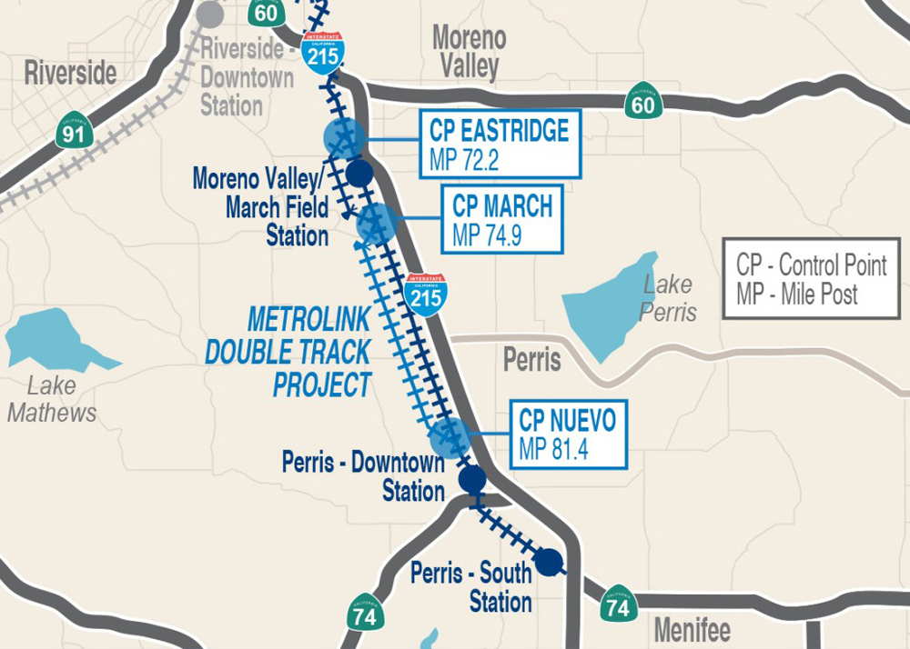 Map of planned double-tracking of Metrolink commuter line between Moreno Valey and Perris, Calif.
