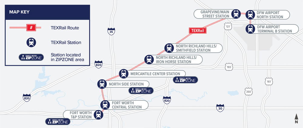 Map of the TexRail commuter rail servcie