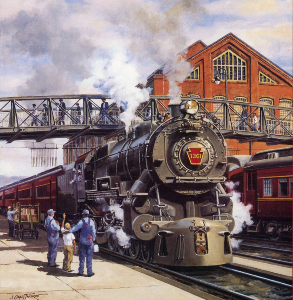 Painting of steam locomotive under bridge at shop