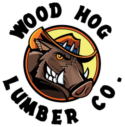 Built by Others: Michael Maurer’s On30 scale Wood Hog Lumber Co: Brown, yellow and orange cartoon illustration of a wild boar looking through a circle and smiling with black letters surrounding it