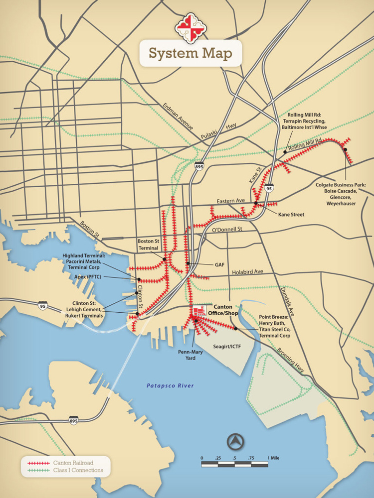 A map of the Canton Railroad in Baltimore