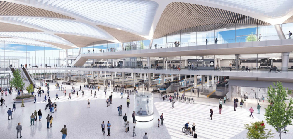 Rendering of large open space at train station