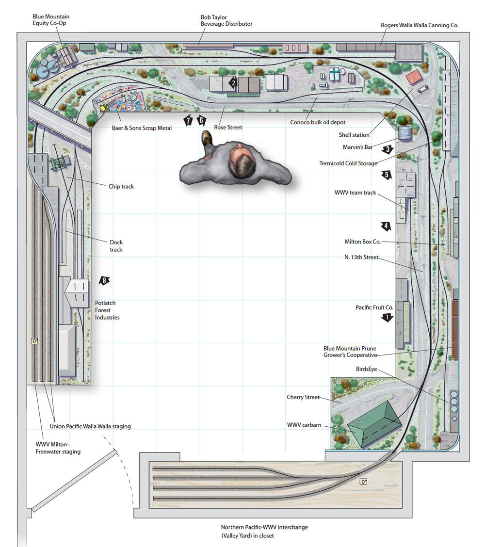 A track plan for a compact HO scale around-the-walls layout