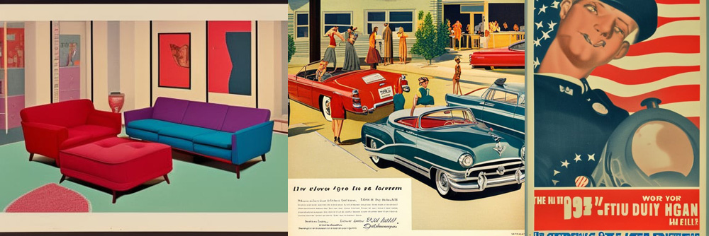 Three AI-generated images show a stylized drawing of living-room furniture, a scene of several cars surrounded by bizarrely distorted people, and a poster of a sailor with a twisted face in front of a flag