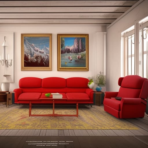 A living room scene with red couch and chairs in front of a white wall with two paintings