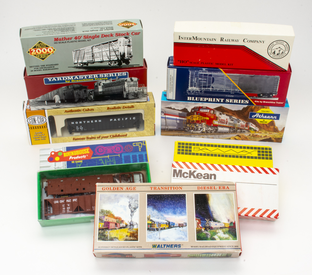 Color photo showing assorted out-of-production HO scale freight car kits.