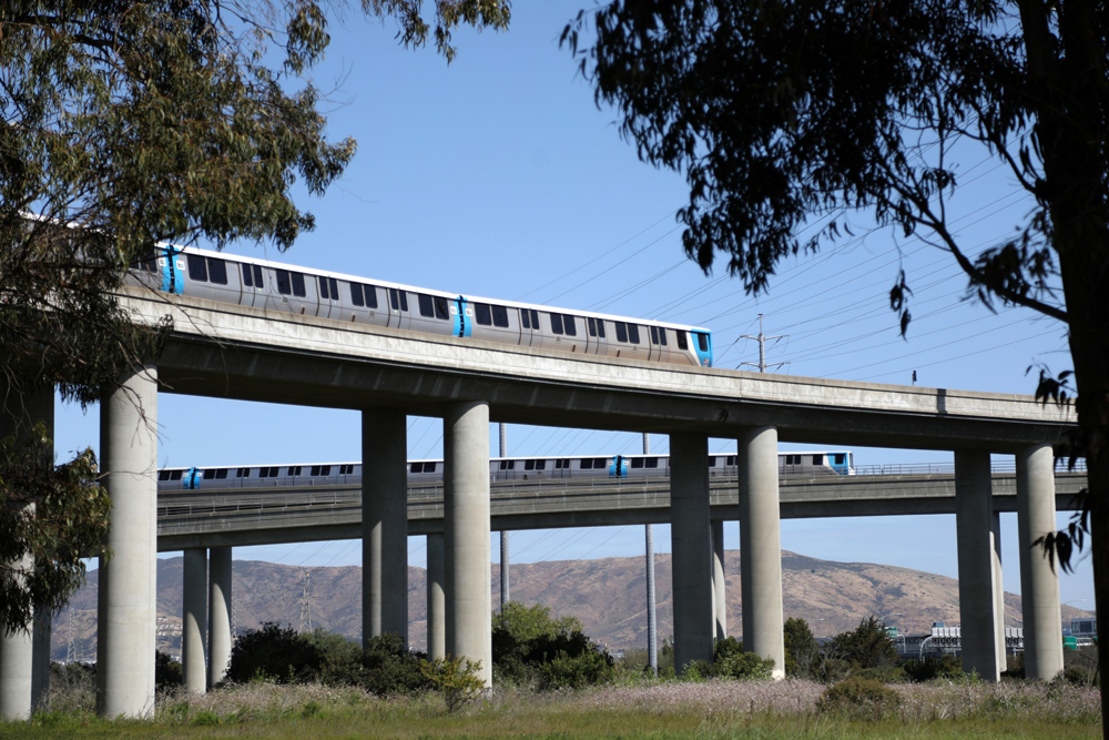 Rapid-transit trains on two bridges
