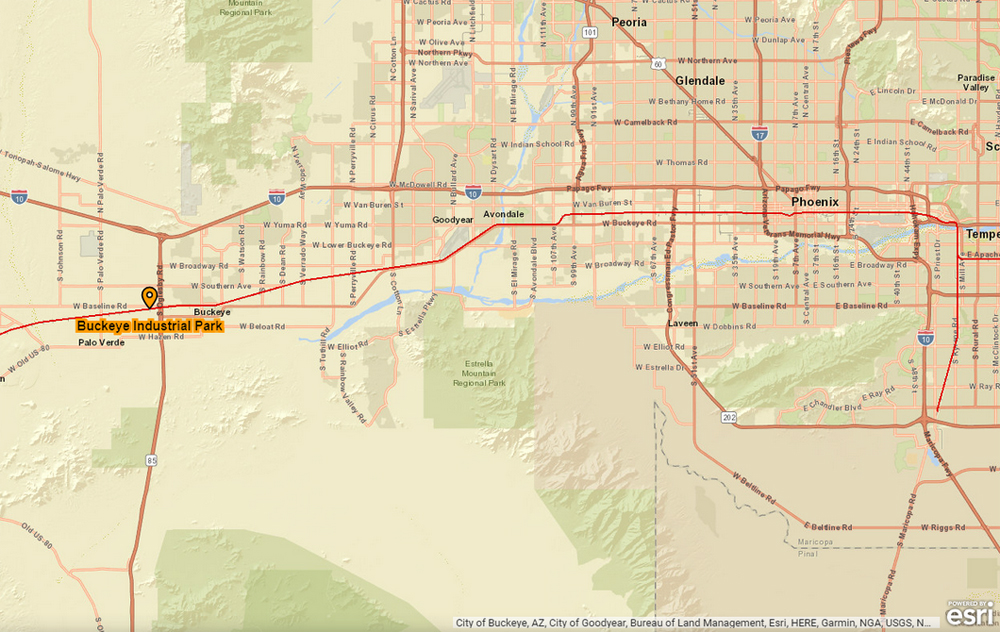 Map showing location of industrial park near Phoenix