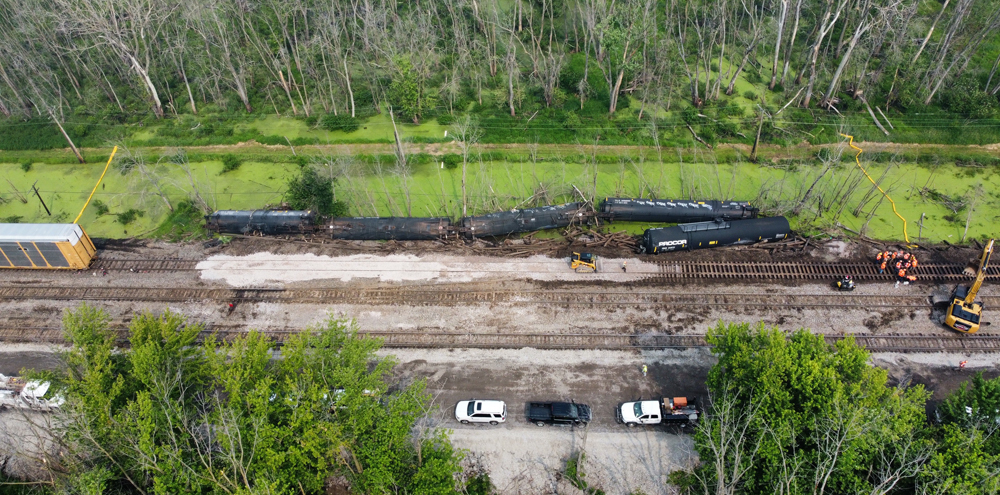 Aerial view of derailed tank cars