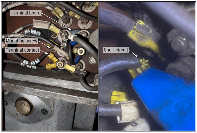 Two labeled images of area where short circuit occured on MBTA railcar's door interlock system