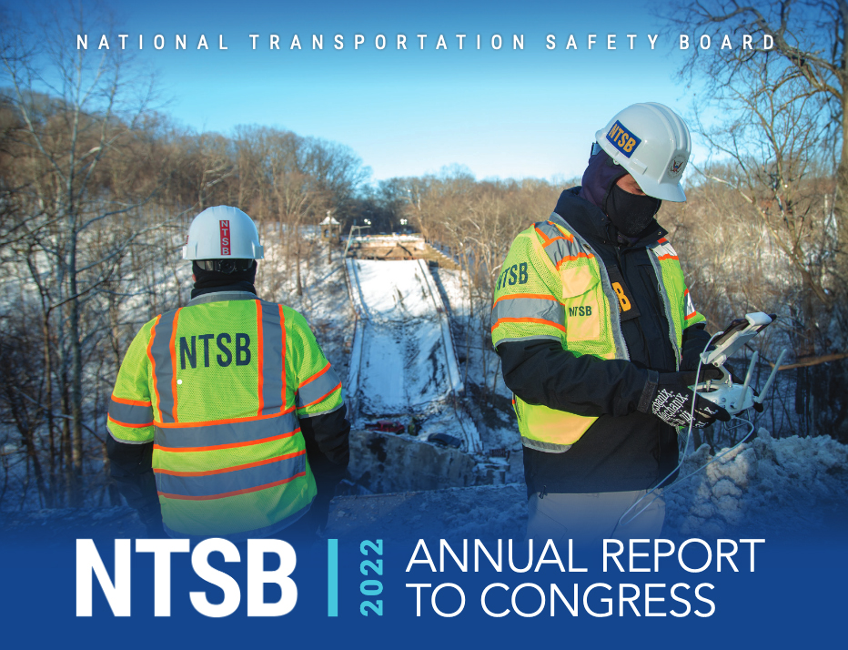 Cover of report with photo of NTSB workers at collapsed bridge