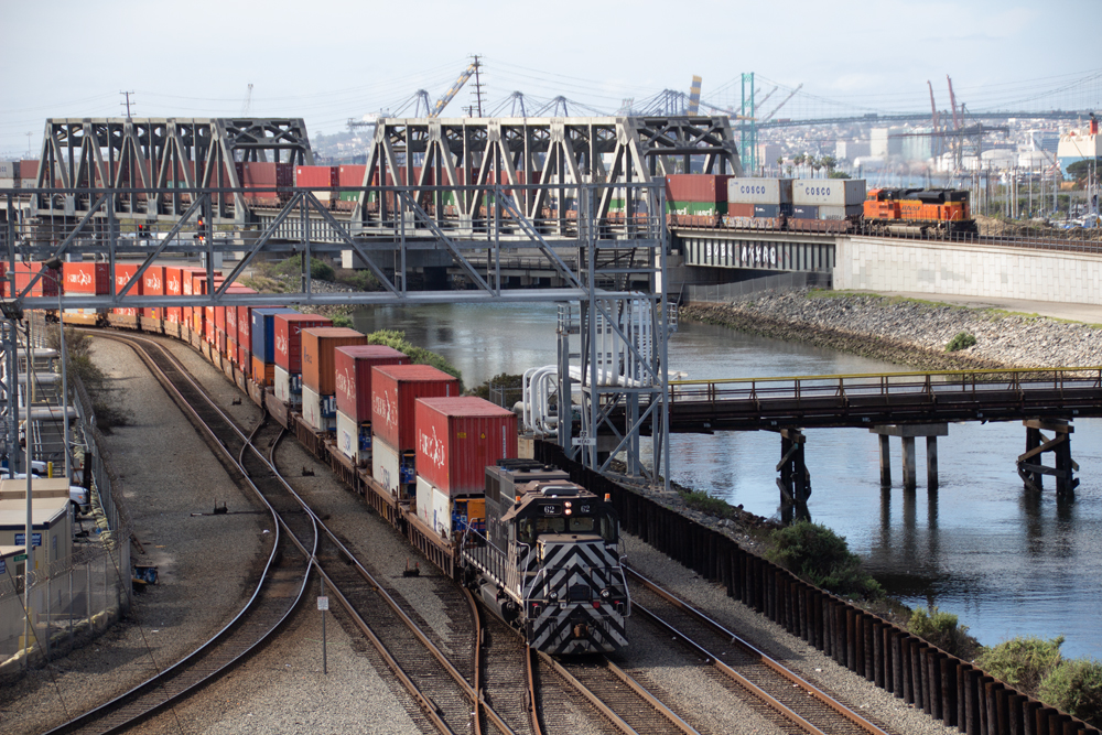 Two trains work with container lifts for ships in distance