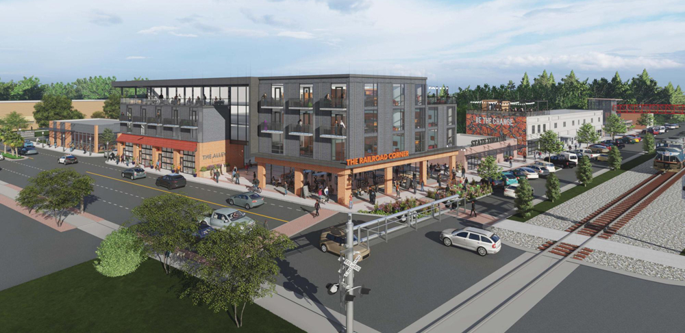 Rendering of mixed-use development next to railroad track