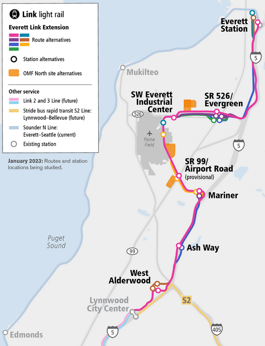 Map of planned light rail line between Lynnwood and Everett, Wash.