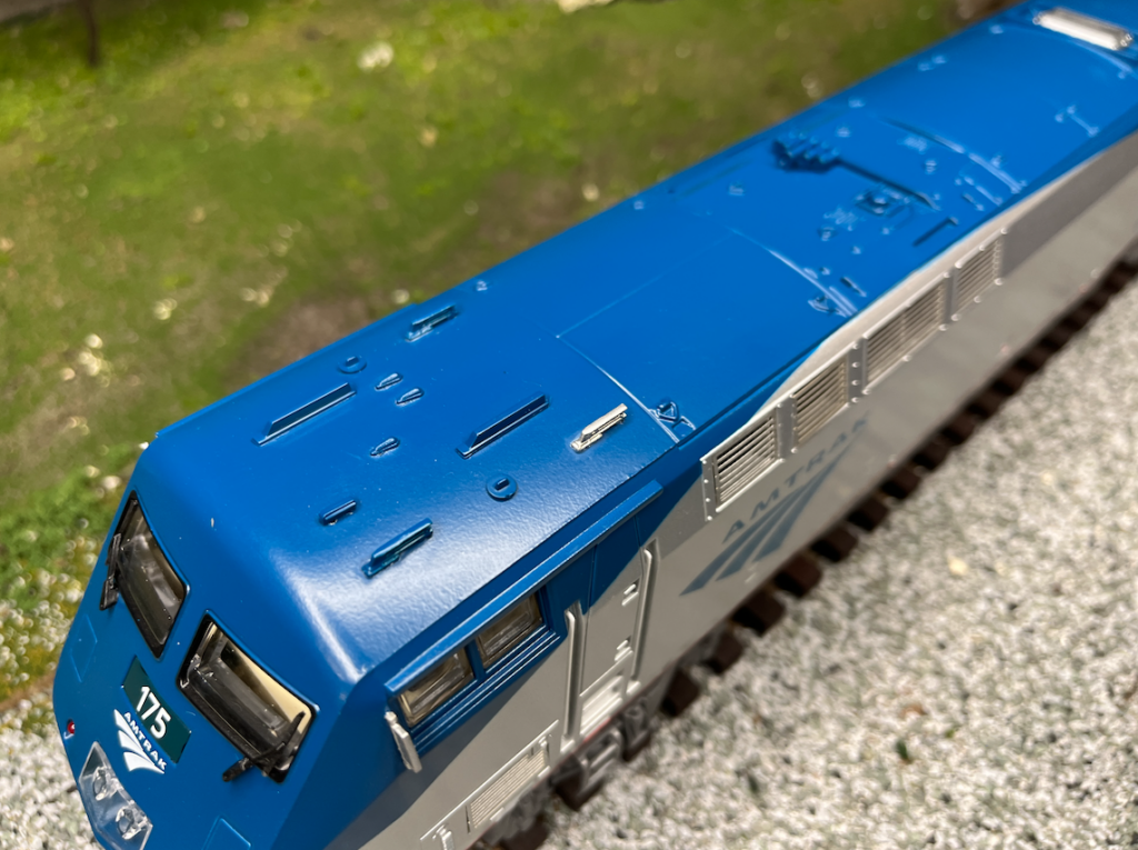 blue rooftop of model train engine