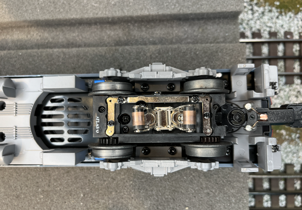 underside of model locomotive