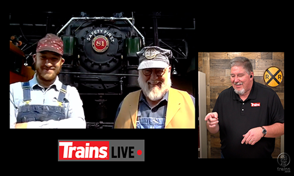 Clip of a video interview showing three people. Trains LIVE — In the Nevada Northern shop.