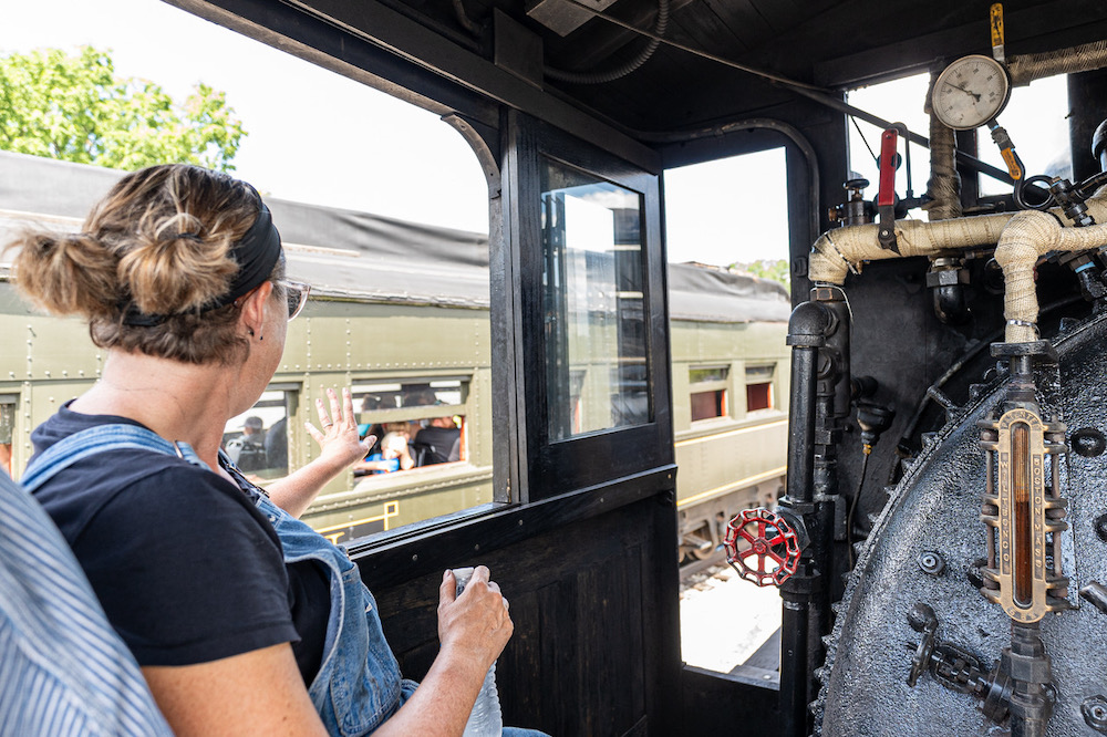 Inside the cab of a steam locomotive