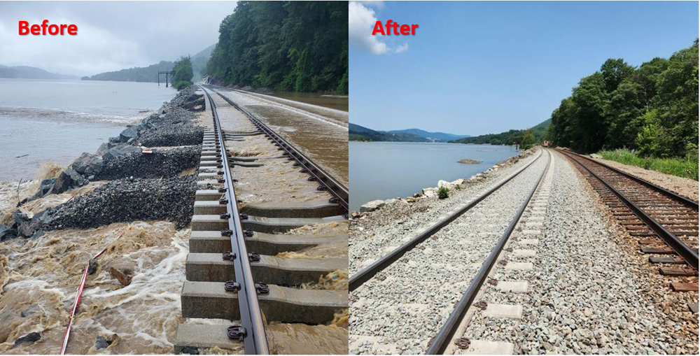 Comparison photos of railroad track damaged by storm before and after repairs