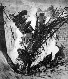 Illustration of train falling through bridge