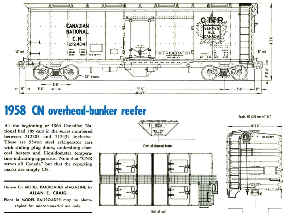 A dimensioned drawing of a steel overhead bunker reefer car with accompanying text