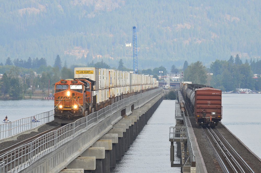 Trains on parallel bridges over river