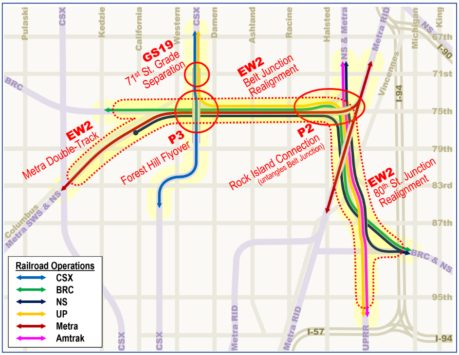 Map of complex group of rail junctions in south Chicago