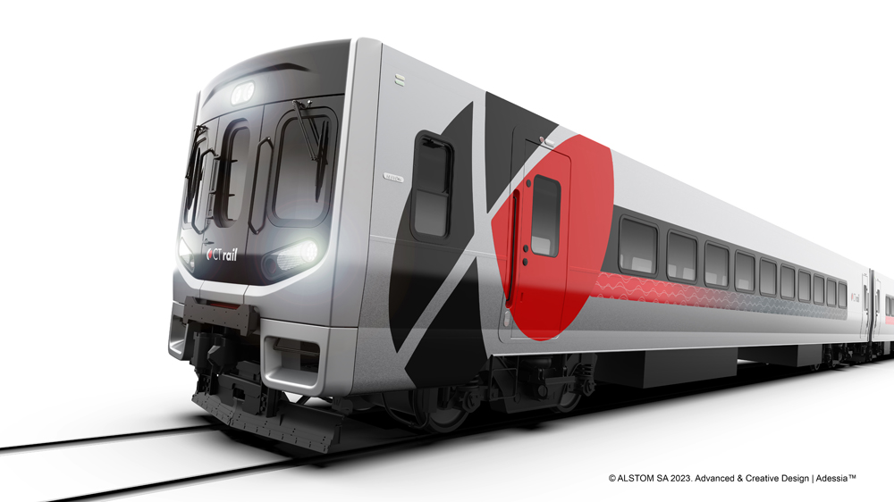 Rendering of commuter rail cab car with black and red graphics