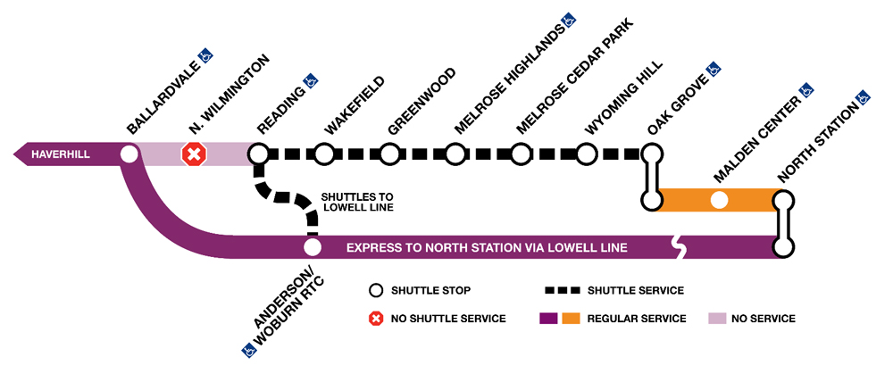 Diagram showing shuttle bus routes during Haverhill Line closure