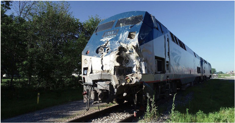 Amtrak P42 locomotive with badly smashed nose