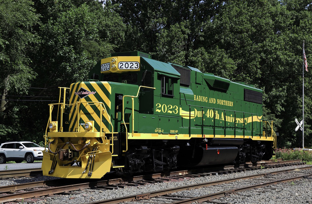 Green and yellow diesel with "Our 40th Anniversary" lettering