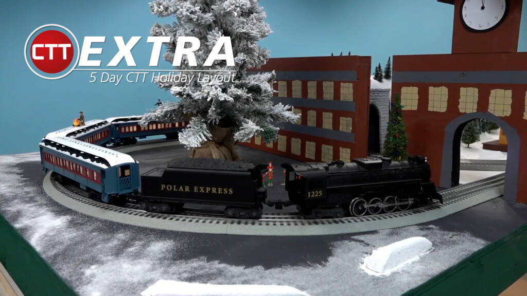 scene of toy train on holiday layout