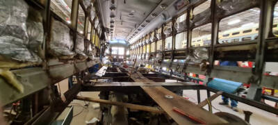 Interior of PCC trolley car during restoration. PCC cars return to the streets of Philadelphia.