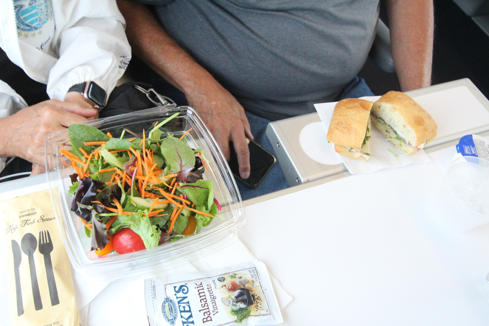 Packaged salad and sandwich on table on train.