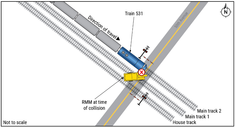 Diagram showing location of collision between passenger train and track maintenance equipment