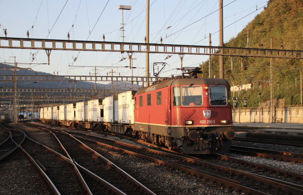 Red electric locomotive with short train of refrigerated containers
