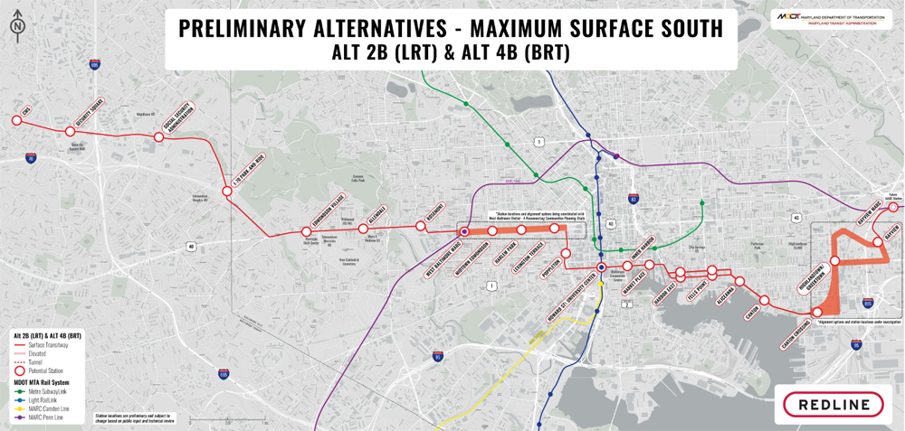 Map of alternative for Baltimore area transit line with more southerly orientation