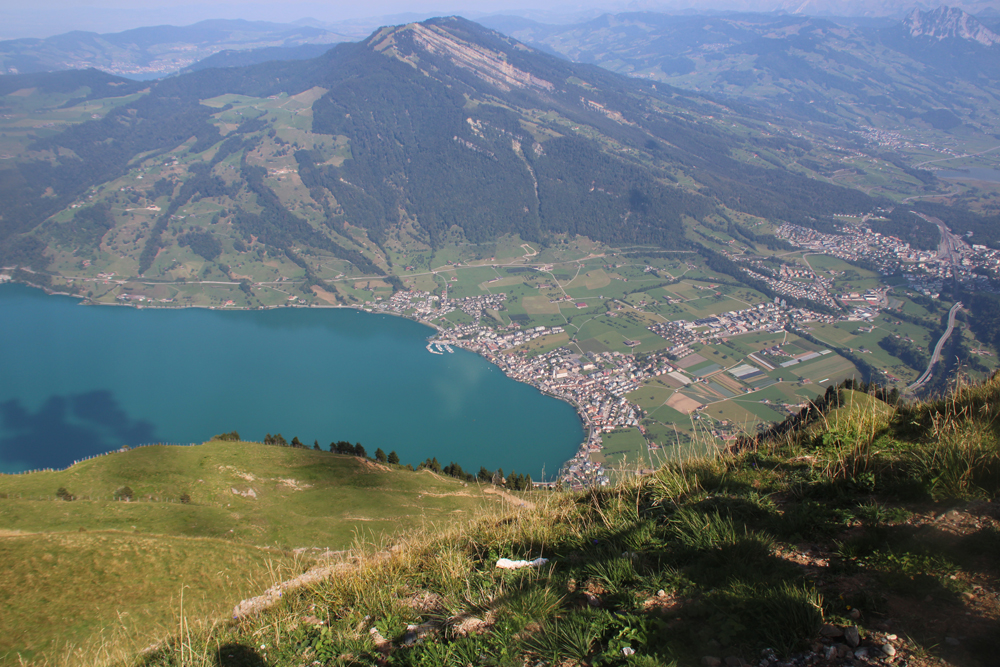 View of lake and town from top of mountain