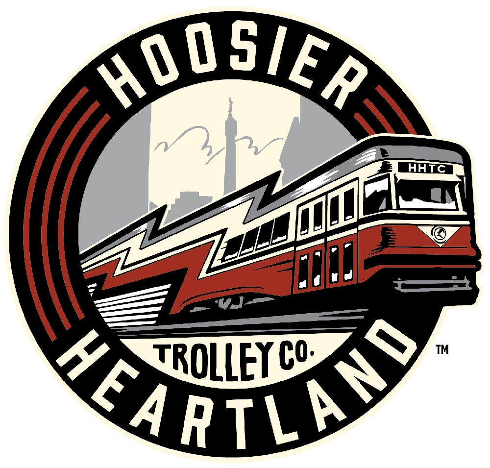 Museum logo with trolley coming out of an art deco circle graphic. Hoosier Heartland Trolley Co. tests No. 429.