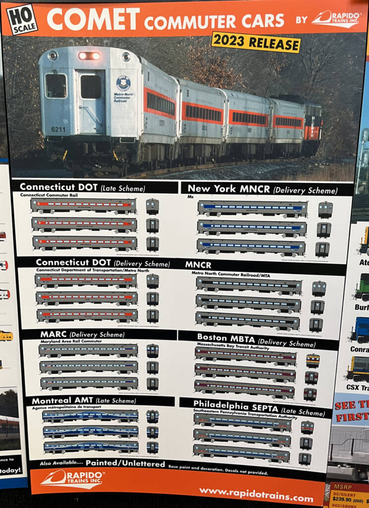Banner with prototype photo and artwork for HO scale Comet commuter cars.
