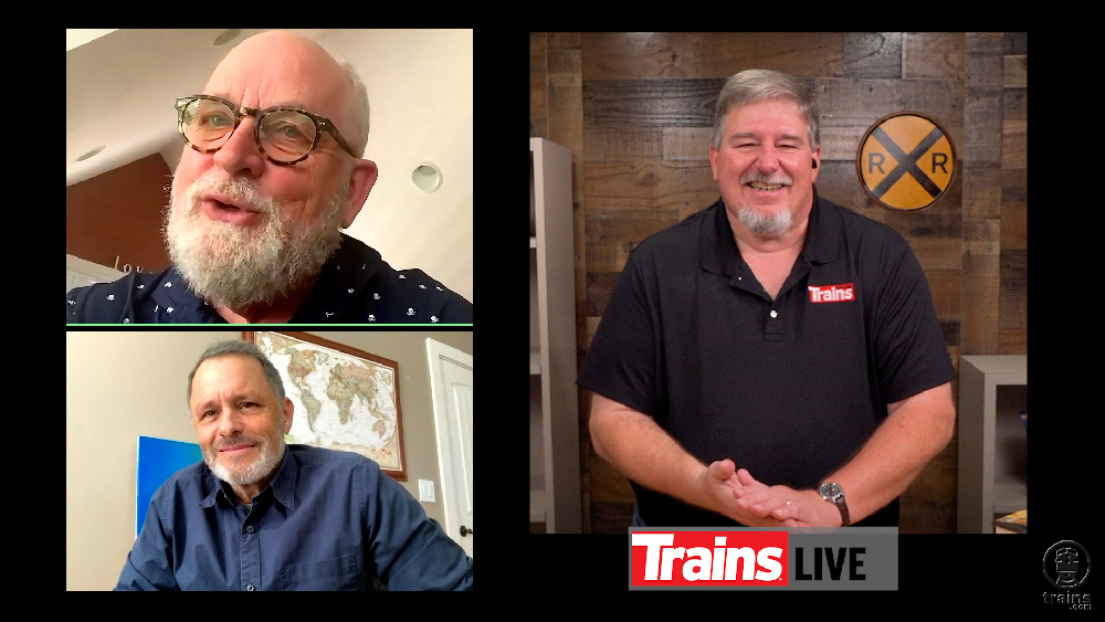 Three men during a Zoom interview. Trains LIVE — The new golden spike.