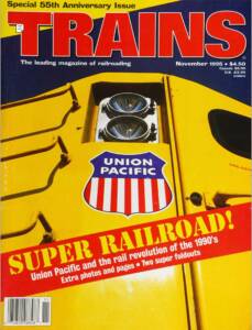 Yellow diesel locomotive nose on magazine cover