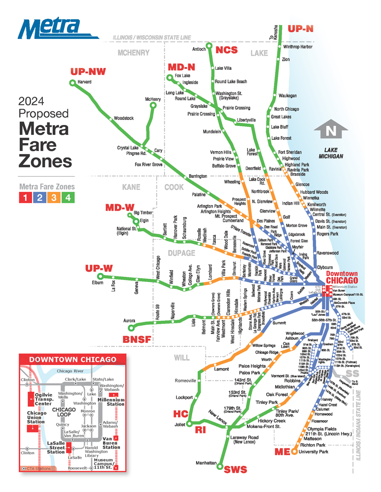 Map of Metra system, with four fare zones identified by color